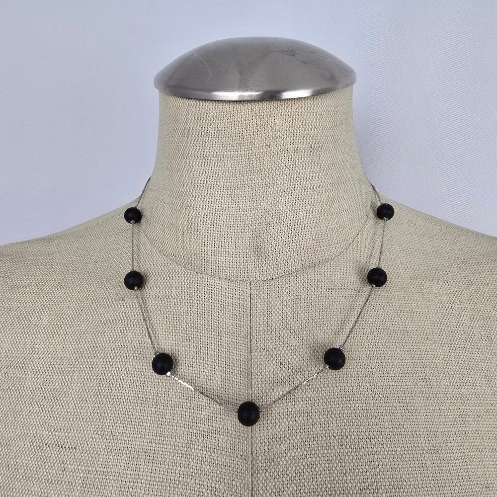 Fifth Avenue Black Beaded Necklace Minimalist Silver Tone Chain